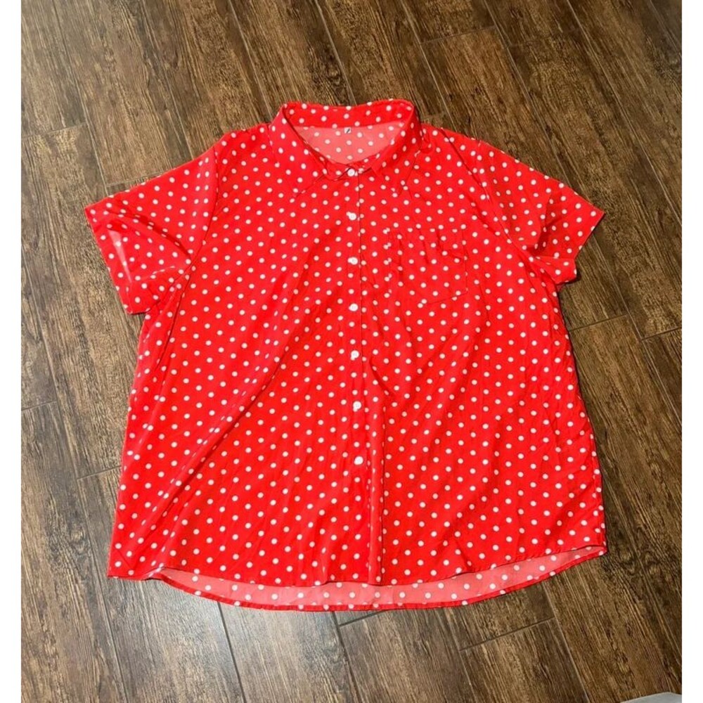 Unbranded Red Polka Dot Button-Up Short Sleeve Blouse - 3XL